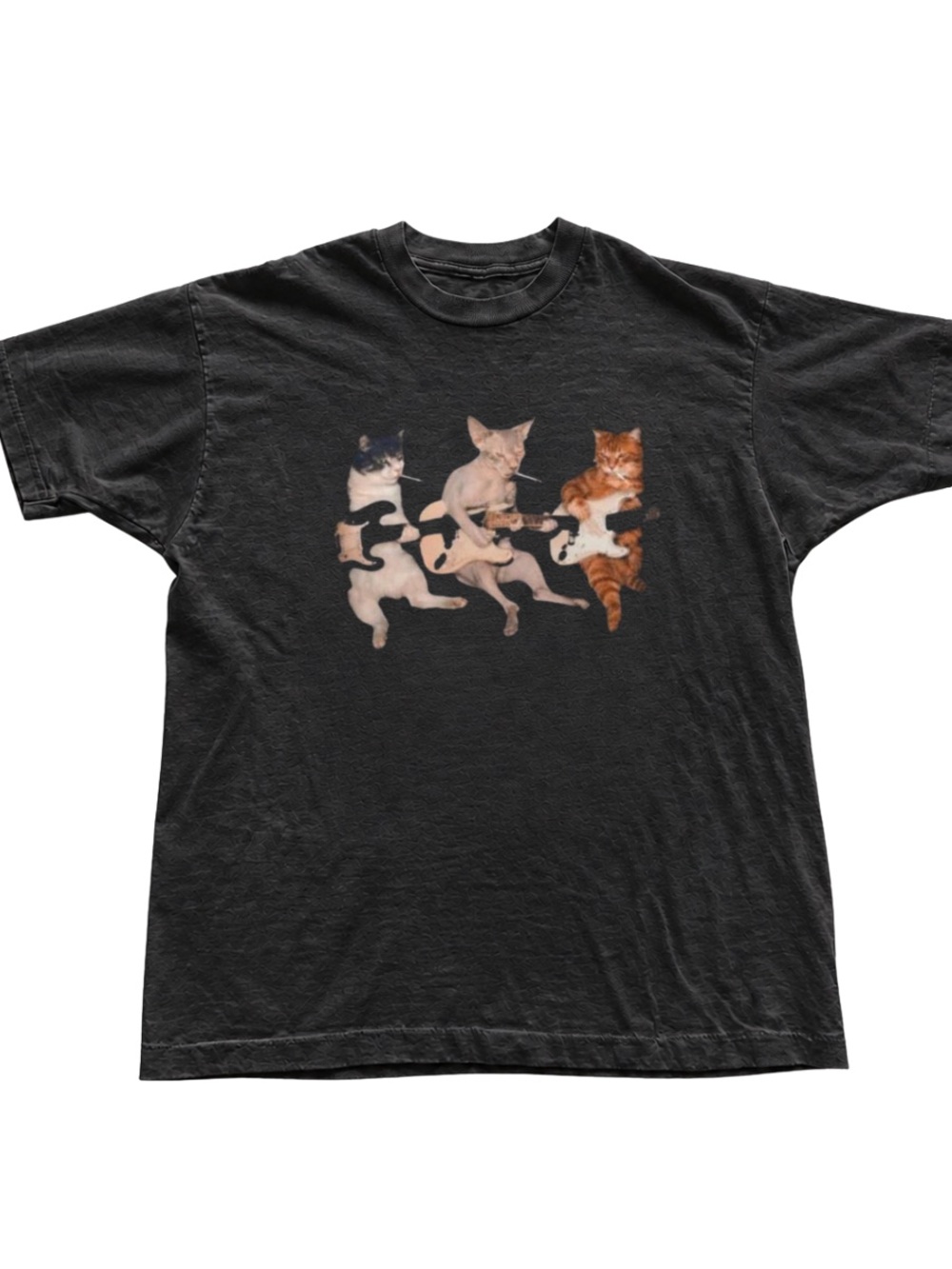 Black Tee with Three Guitar-Playing Cats Graphic